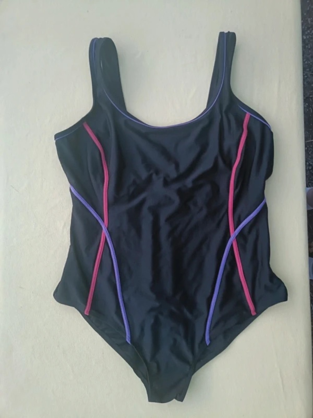 Ulla Popken Black One-Piece Swimsuit with Pink and Purple Piping
